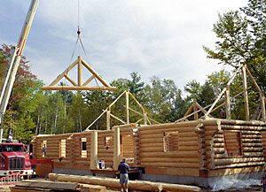 handcrafted log home during set up
