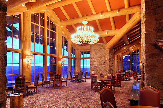 Floor to ceiling windows inside the Needles day lodge at Snowbasin Resort, Utah