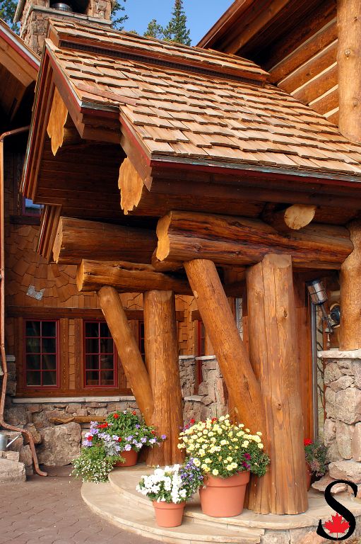 Rustic log and stone entrance