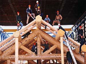 Sitka Log Homes crew on log truss